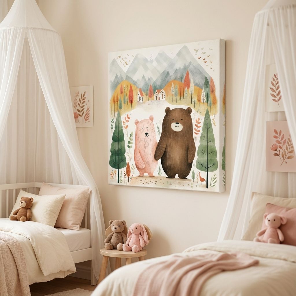 Mockup of Cute storybook nursery art, bears holding hands in the mountains 