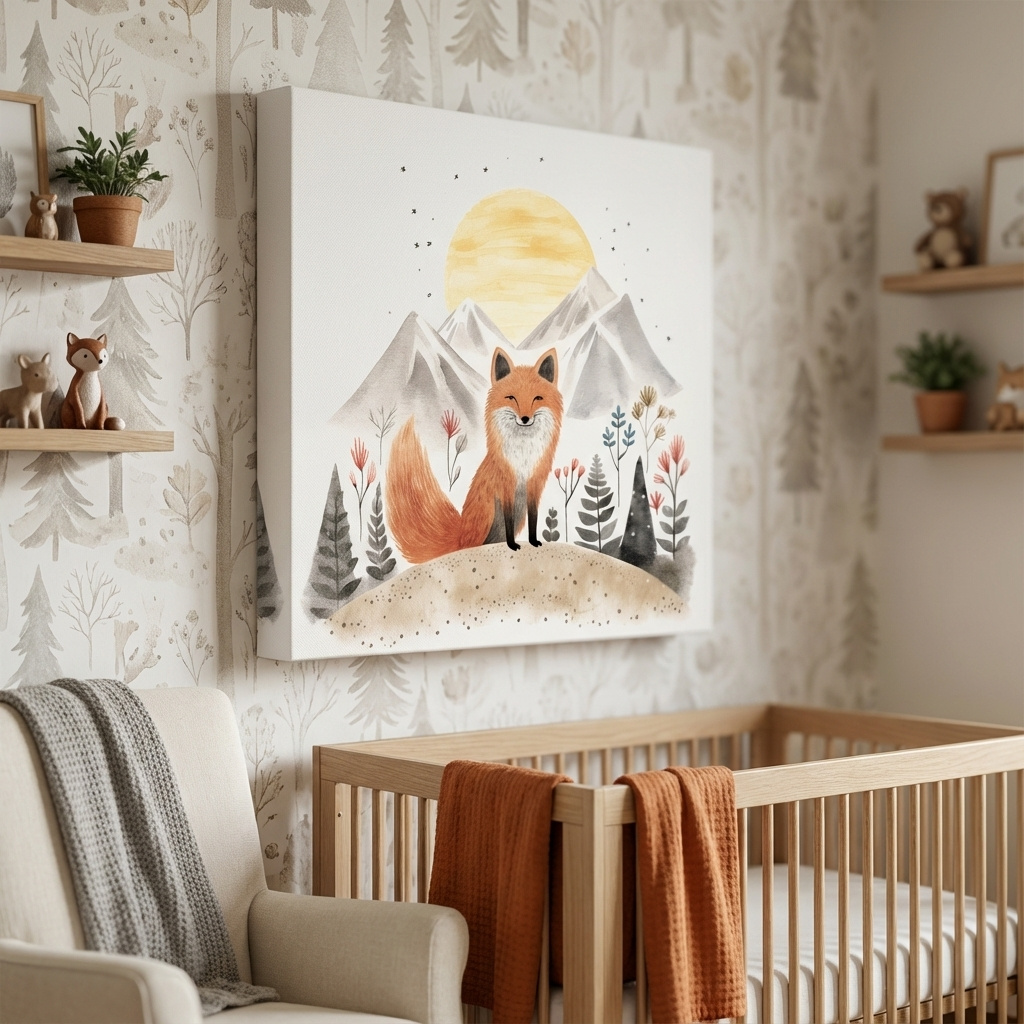 Mockup of Cute quirky storybook nursery art, a happy fox in the mountains