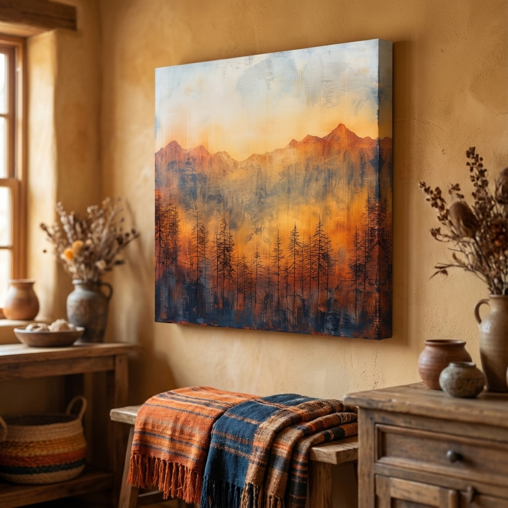 Mockup of Landscape painting, mountains and trees, textured mixed-media style artwork