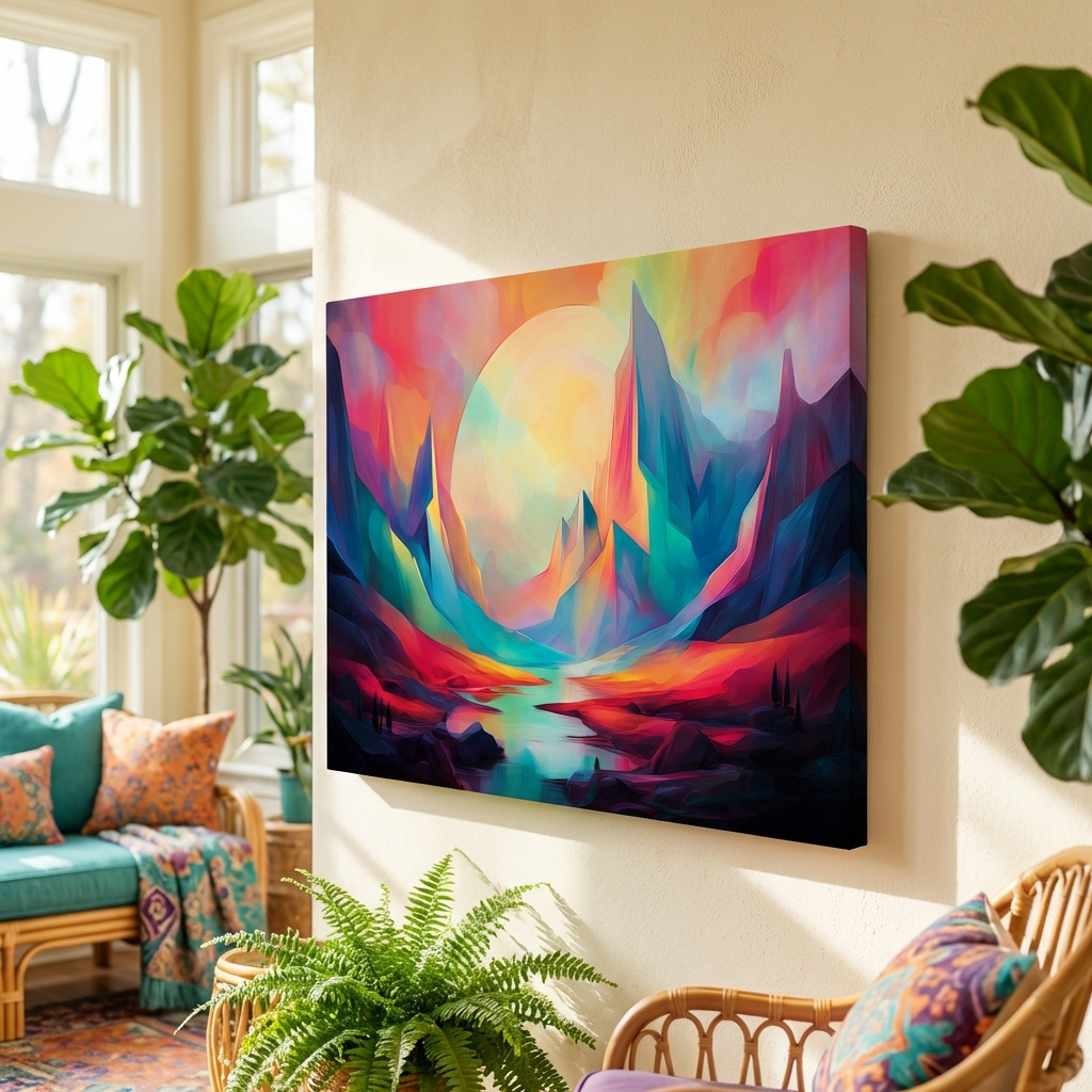 Mockup of Vibrant Abstract Mountain Valley Sunset - Colorful Surreal Landscape Wall Art