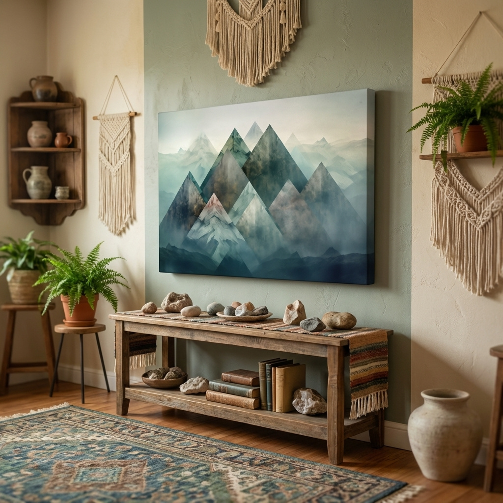 Mockup of Geometric Misty Mountain Peaks - Mystical Abstract Alpine Wall Art