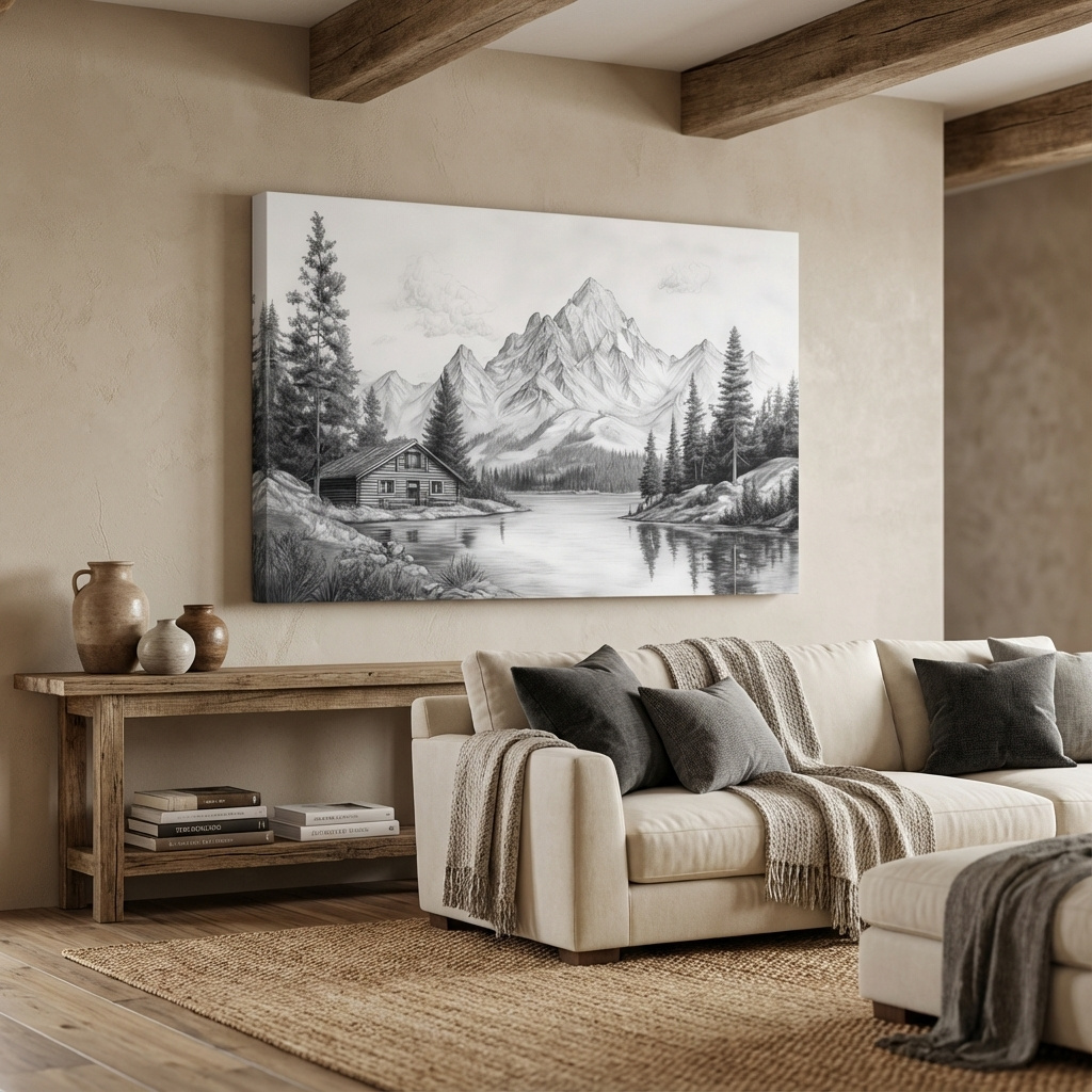 Mockup of Vintage Pencil Sketch Alpine Lake Cabin - Black And White Mountain Landscape Wall Art