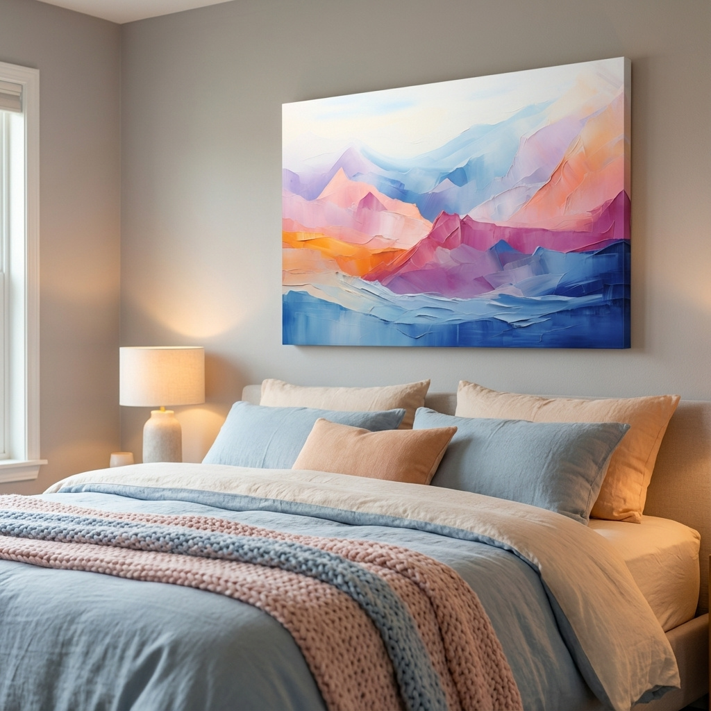 Mockup of Vibrant Pastel Abstract Mountain Landscape - Colorful Textured Painting Style Wall Art