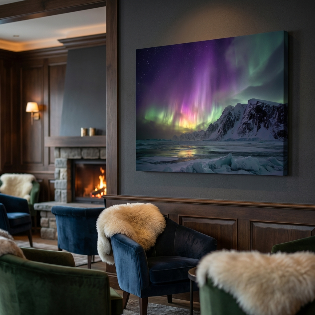 Mockup of Vibrant Northern Lights Over Snowy Mountains - Aurora Borealis Photographic Night Sky Wall Art