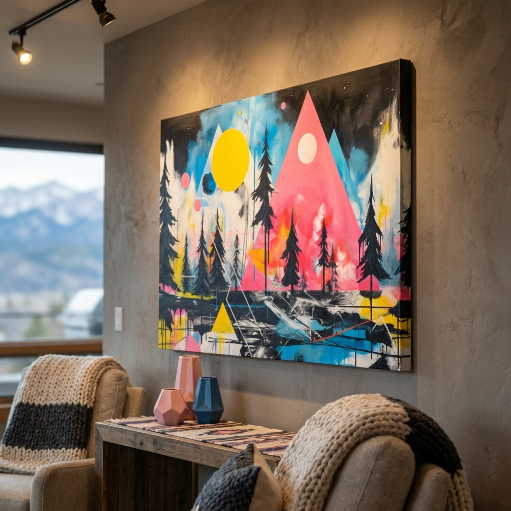 Mockup of Neon Geometric Mountain Forest Painting - Vibrant Abstract Wall Art