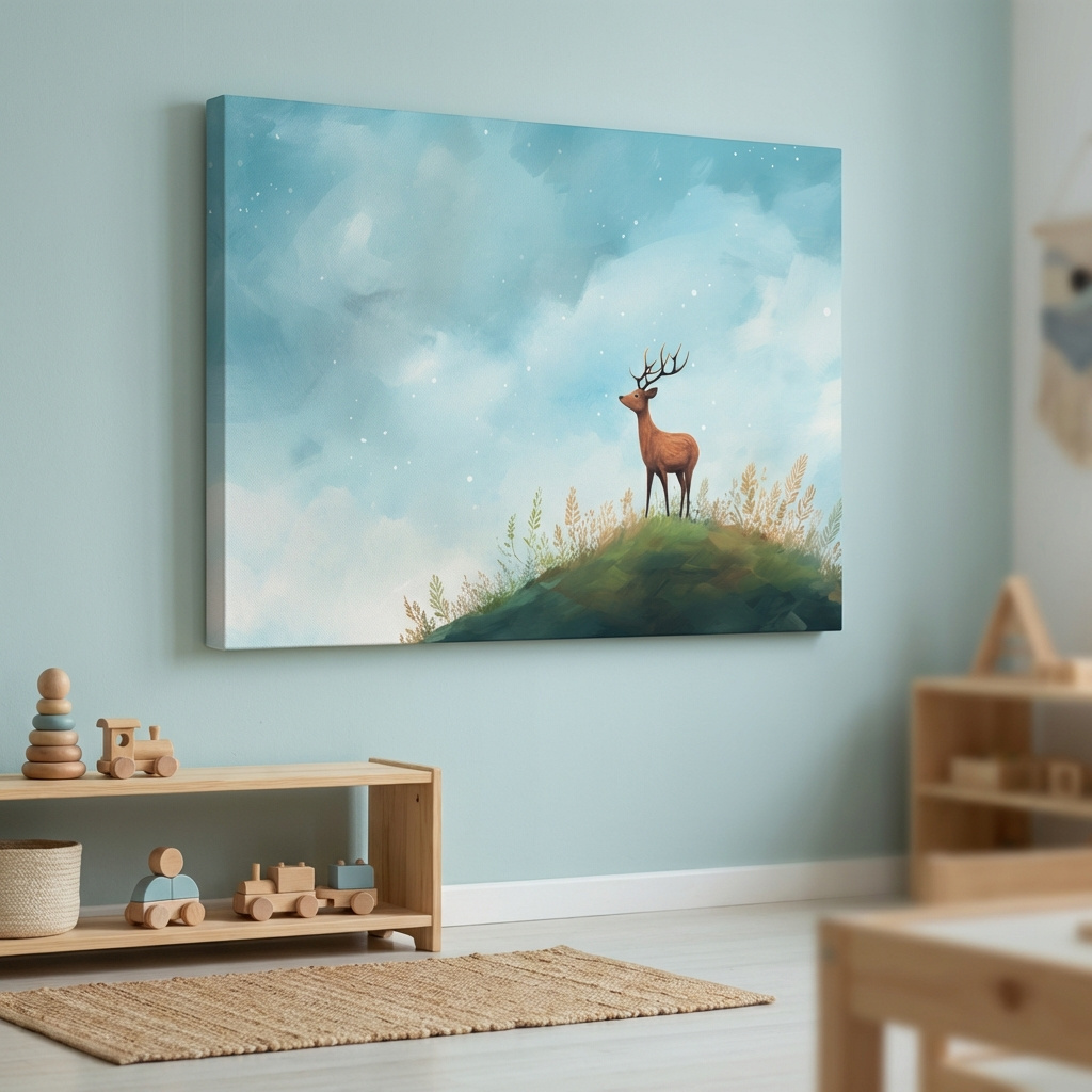 Mockup of Whimsical Watercolor Stag On Meadow Hill - Nursery Woodland Wildlife Wall Art