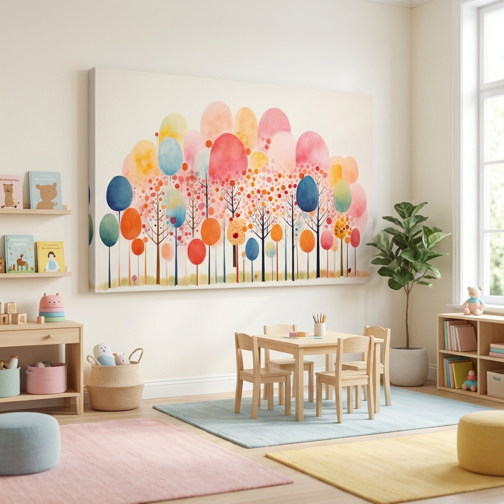 Mockup of Whimsical Pastel Watercolor Forest Trees - Colorful Nature Wall Art