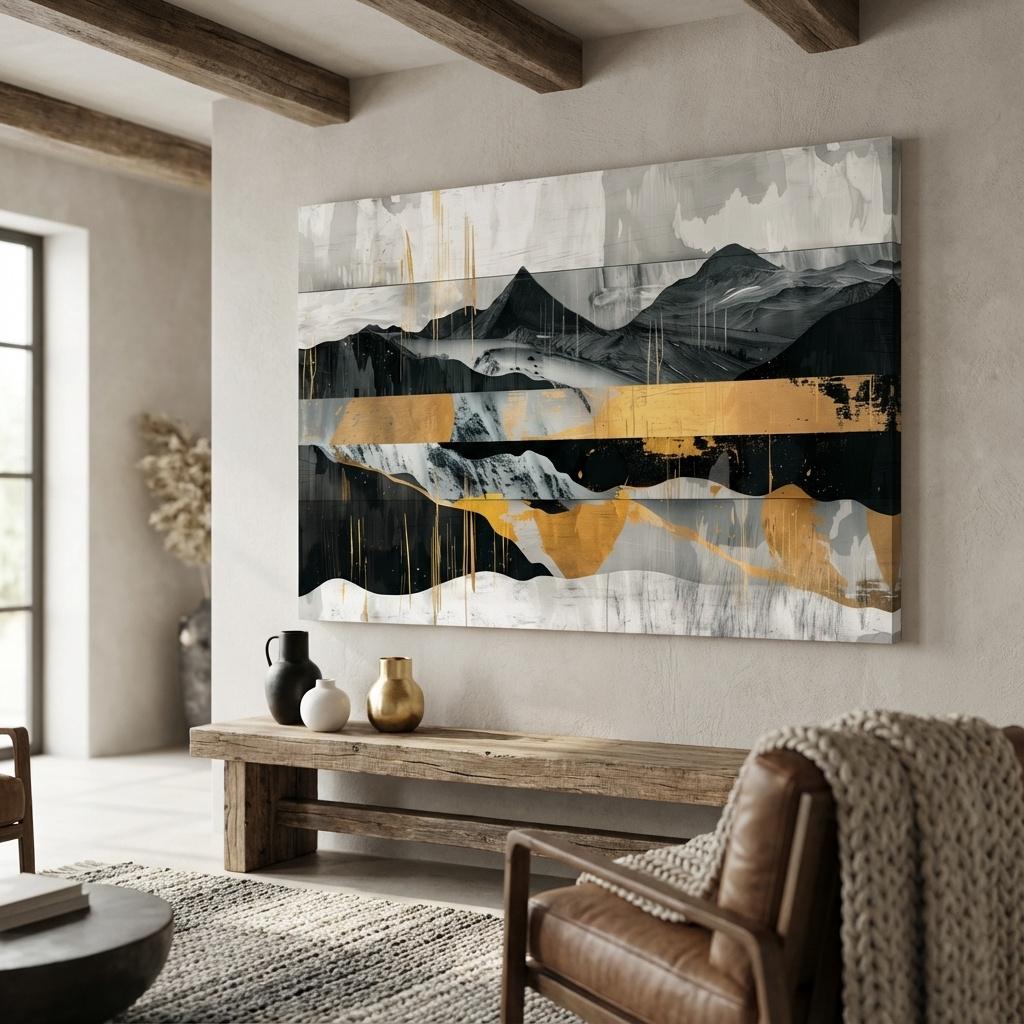 Mockup of Abstract Monochrome Mountain Range With Gold Accents - Modern Mixed Media Landscape Wall Art