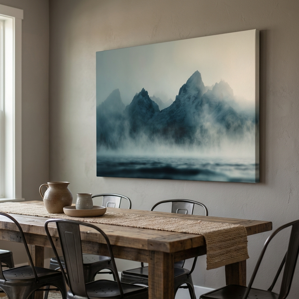 Mockup of Moody Misty Mountain Peaks Over Water - Atmospheric Monochrome Landscape Wall Art