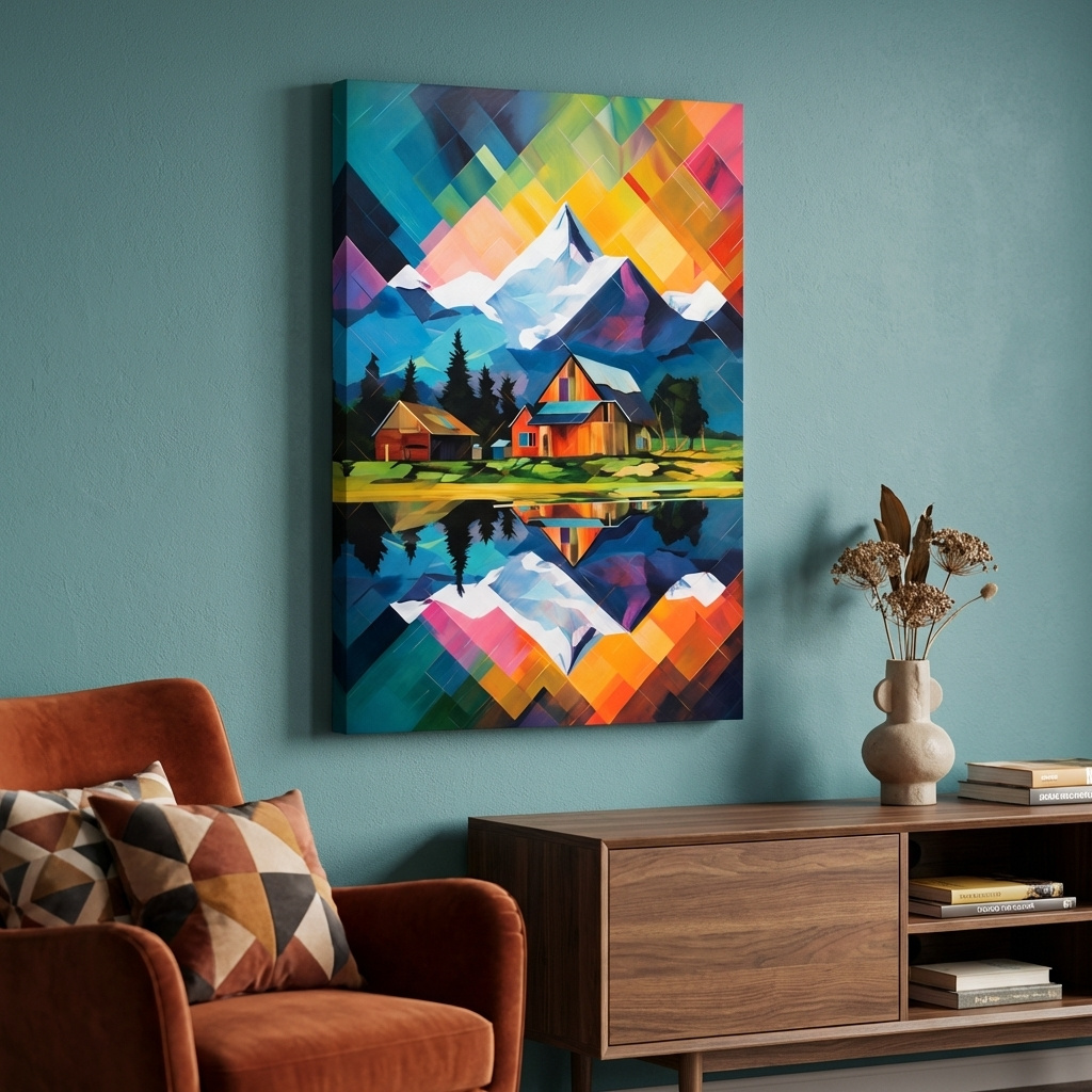 Mockup of Vibrant Geometric Mountain Cabin Painting - Colorful Abstract Alpine Wall Art