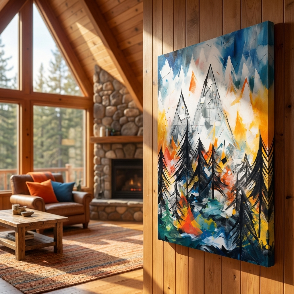 Mockup of Abstract Alpine Mountain Peaks Painting - Colorful Energetic Pine Forest Landscape Wall Art