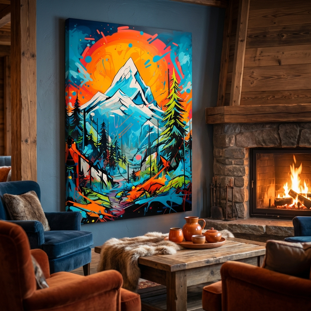 Mockup of Vibrant Abstract Mountain Sunset Graffitti Painting - Colorful Pop Art Alpine Wall Art
