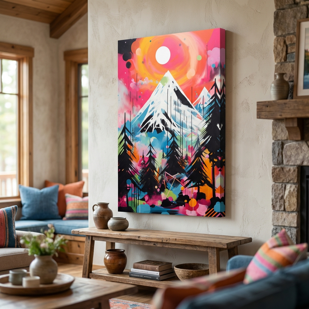 Mockup of Vibrant Abstract Neon Mountain Glacier Sunset Painting - Colorful Alpine Wall Art