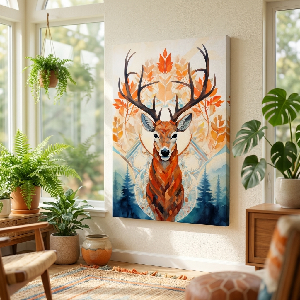 Mockup of Ornate Stag Deer Watercolor Portrait - Autumn Woodland Wildlife Wall Art