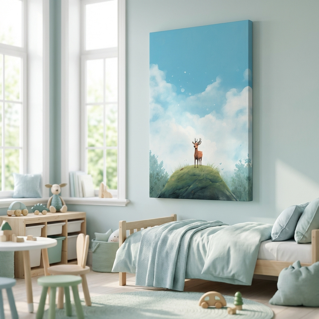 Mockup of Whimsical Watercolor Deer on Grassy Hill - Serene Woodland Nursery Wall Art