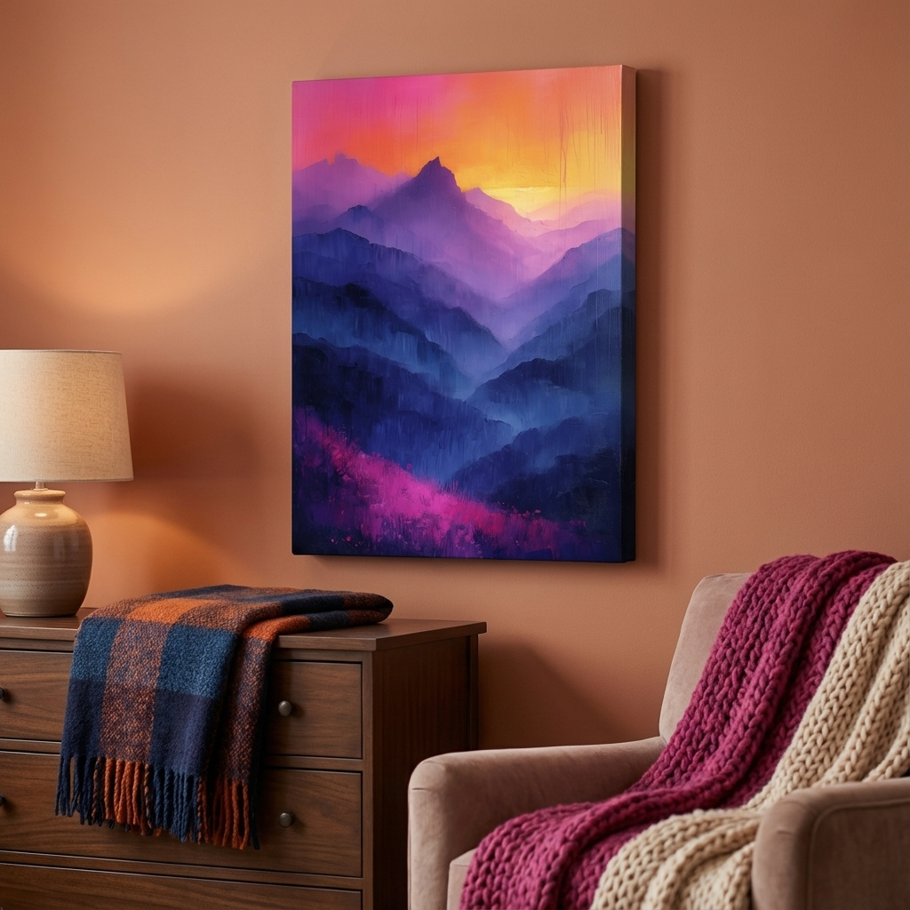 Mockup of Vibrant Abstract Sunset Mountain Layers - Colorful Contemporary Wall Art