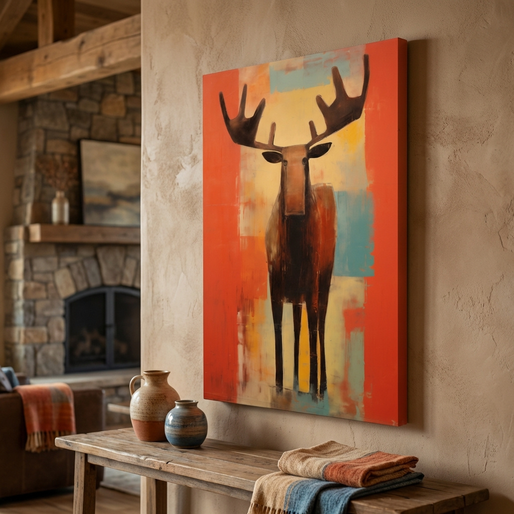 Mockup of Expressionist Abstract Moose Portrait Painting - Vibrant Rustic Wildlife Wall Art