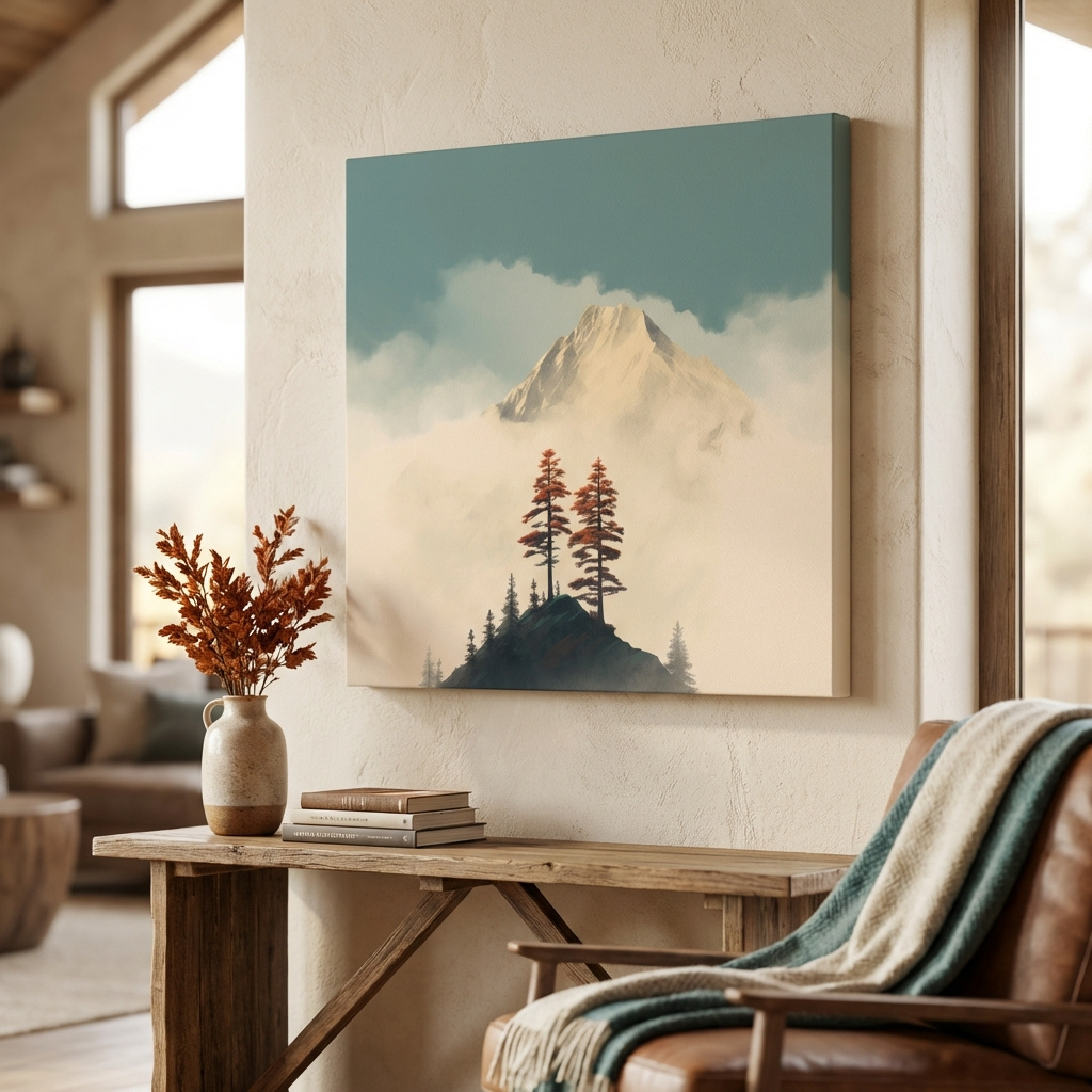 Mockup of Misty Alpine Peak With Autumn Pines - Minimalist Mountain Artwork