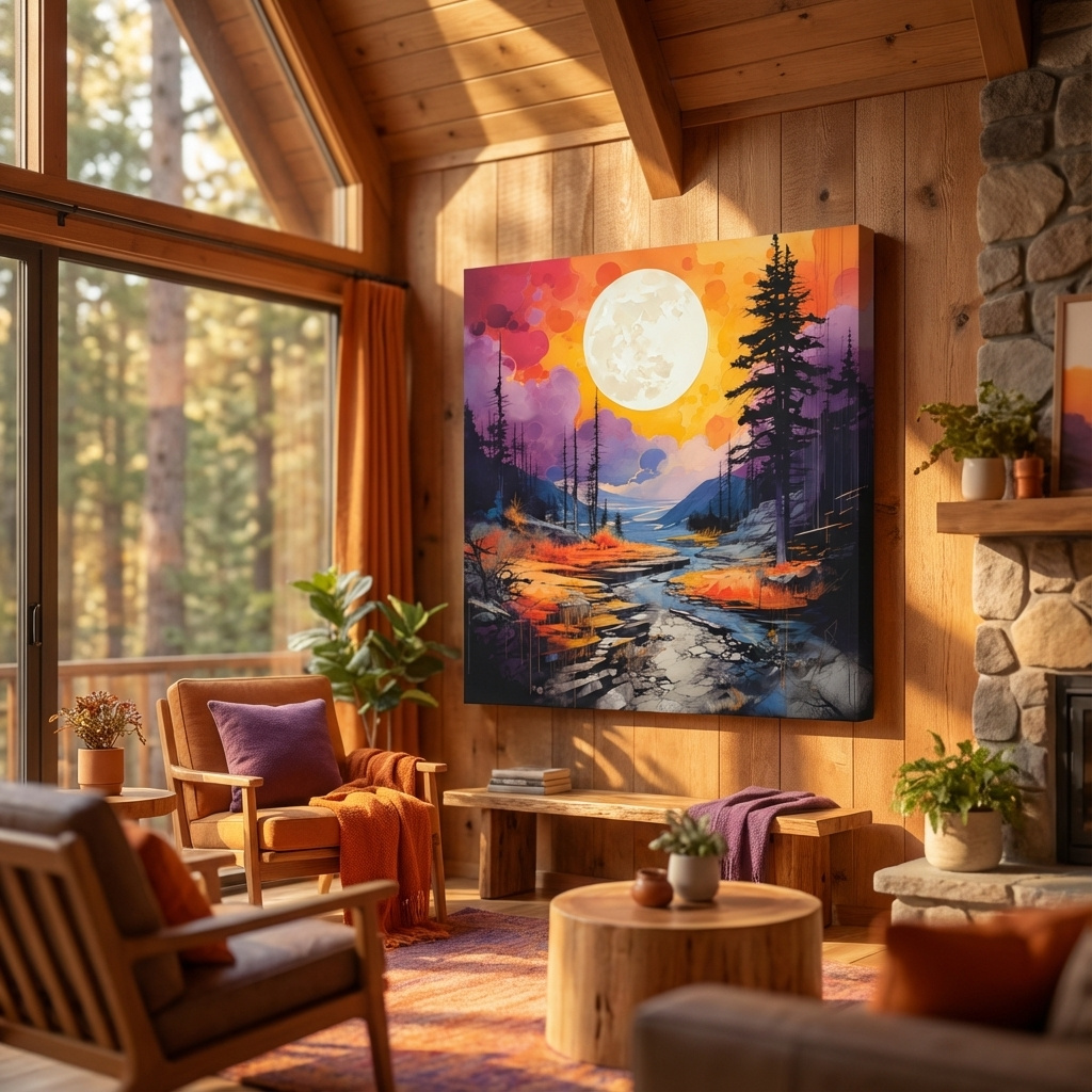 Mockup of Vibrant River Valley Landscape Illustration - Abstract Sunset Forest Wall Art