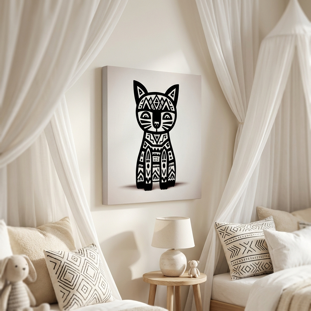Mockup of Tribal Geometric Cat Illustration - Black And White Quirky Animal Wall Art
