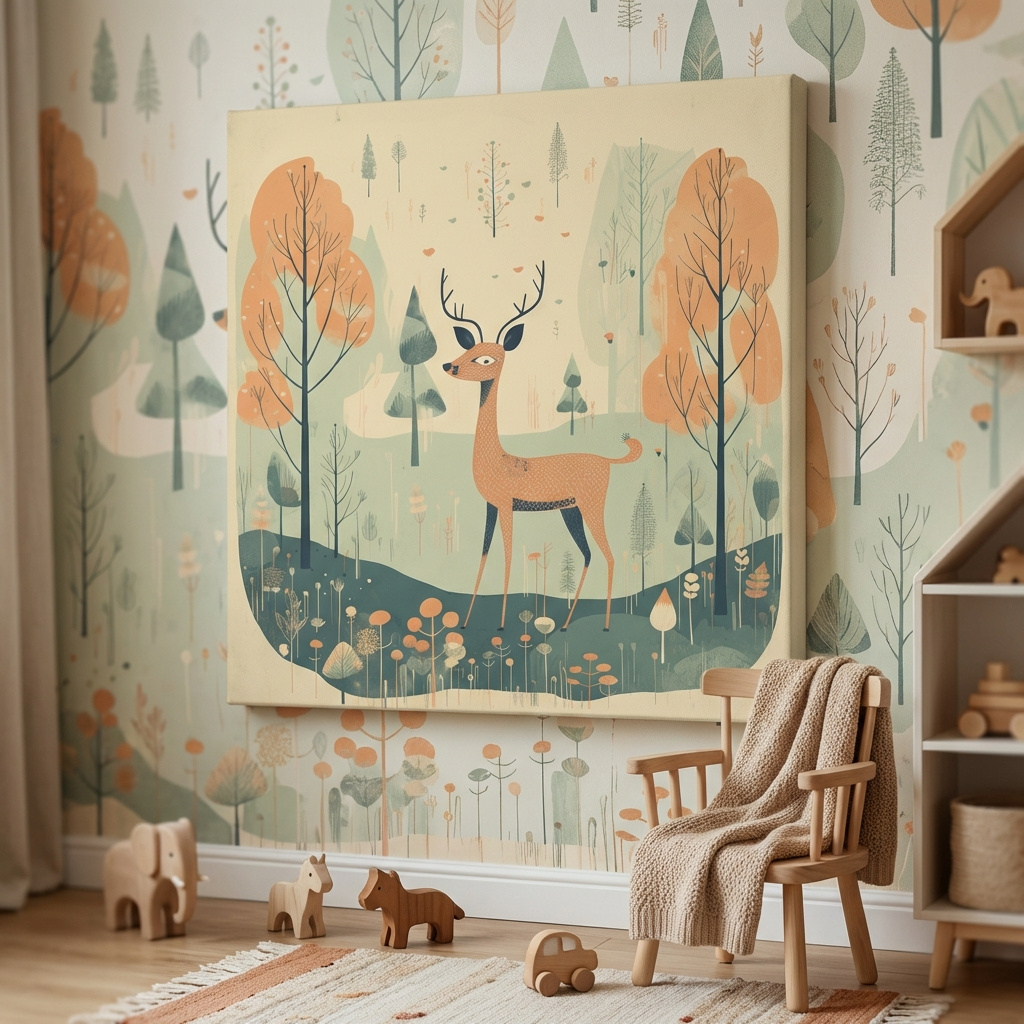 Mockup of Whimsical Deer in Pastel Forest Illustration - Folk Art Woodland Nursery Wall Art