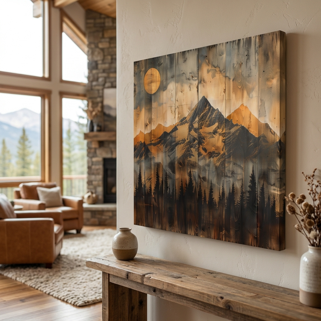 Mockup of Rustic Woodgrain Mountain Sunset Artwork - Vintage Pine Forest Wall Art