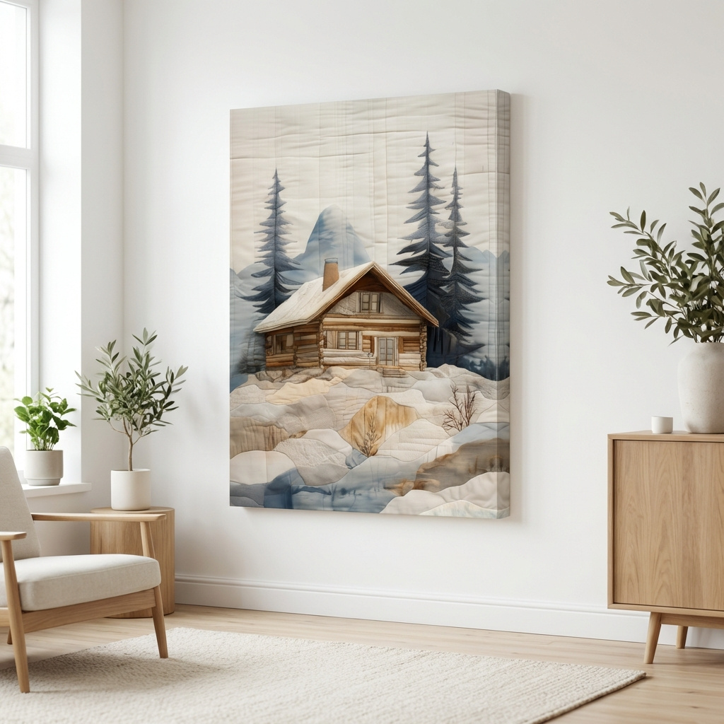 Mockup of Rustic Winter Cabin In Snowy Pines - Textured Patchwork Fabric Effect Wall Art