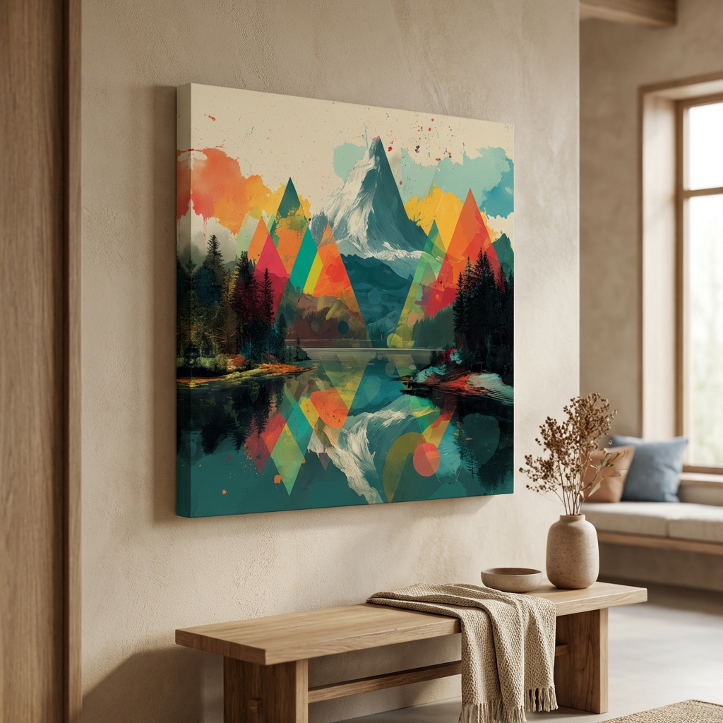 Mockup of Vibrant Abstract Mountain Lake Collage Art - Colorful Alpine Wall Art