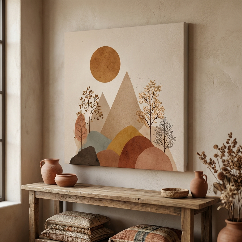 Mockup of Minimalist Scandi Mountain Sunset Landscape - Boho Neutral Earth Tone Wall Art